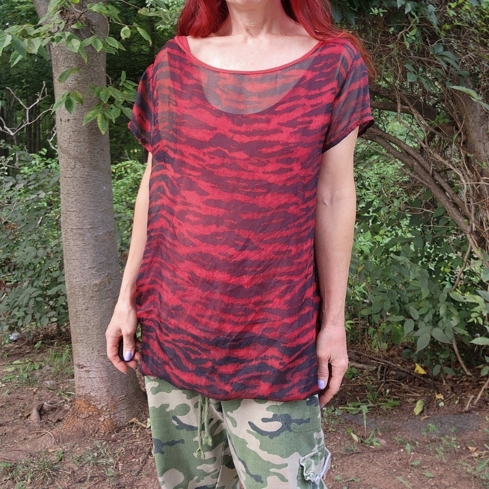 DRIES VAN NOTEN Red Black Zebra Print Silk Top